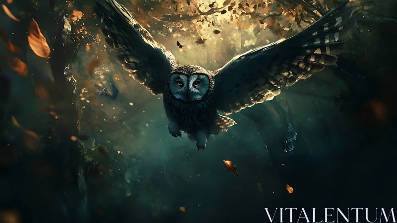 Majestic owl in flight through mystical forest at dusk, digital art.