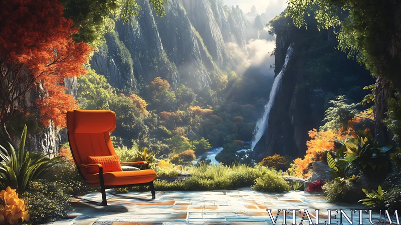 Modern orange lounge chair anchors lush waterfall vista scene