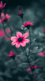 Pink cosmos flowers with selective focus and dark background.