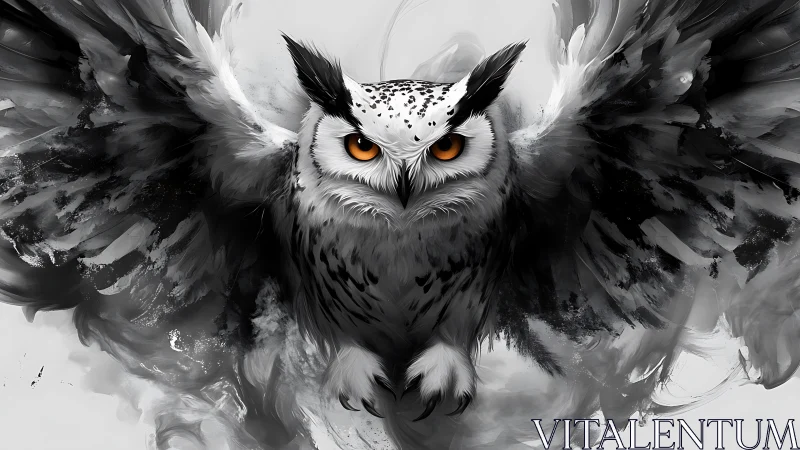 Striking owl in flight, black and white digital art with vivid eyes.