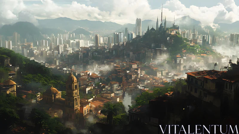 Fog-kissed hilltop metropolis humming between past and future.