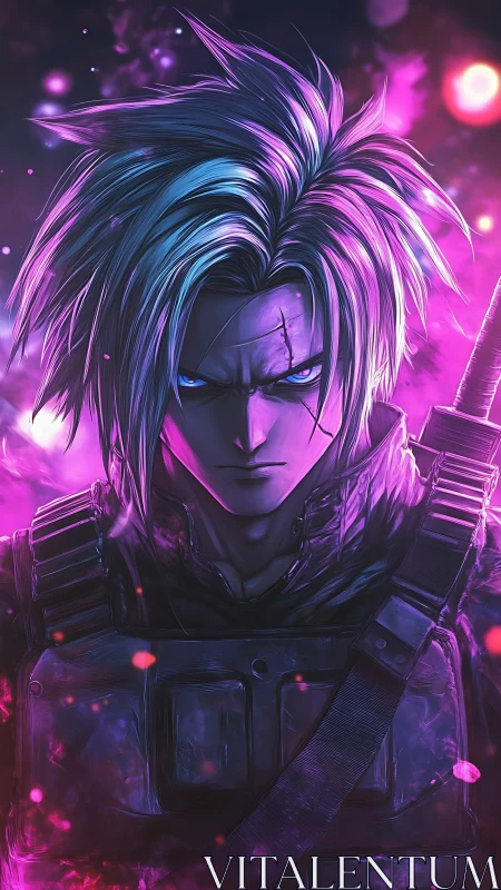 Cyber warrior stands in violet energy storm portrait