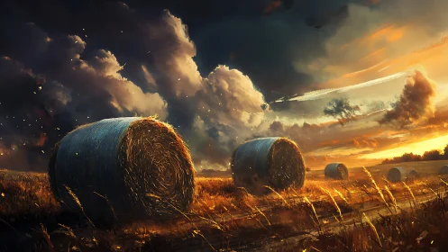 Digital painting of stormlit hay bales in cinematic rural field.