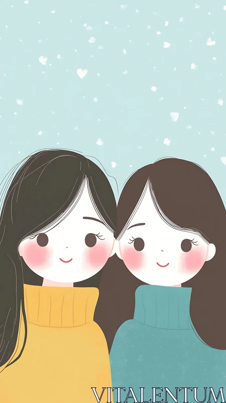 Two Girls with Brown Hair in Colorful Sweaters Against Pastel Sky