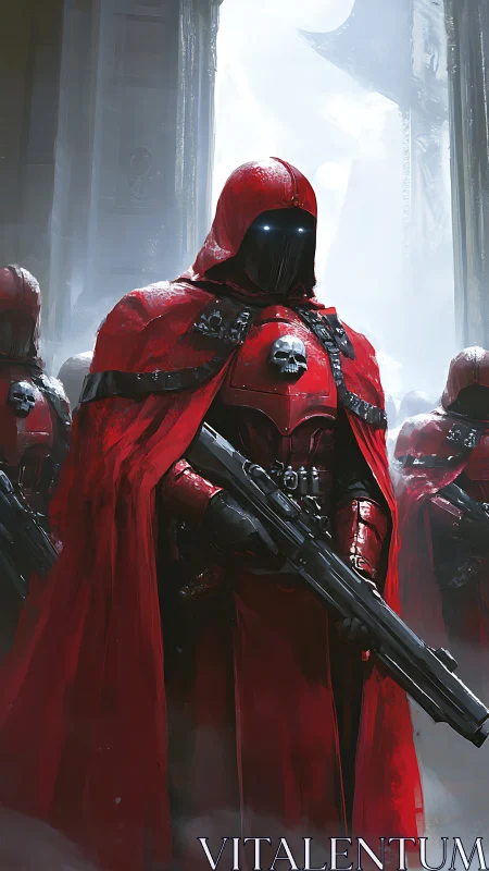 Crimson armored sentinels guarding monumental sci fi gate.