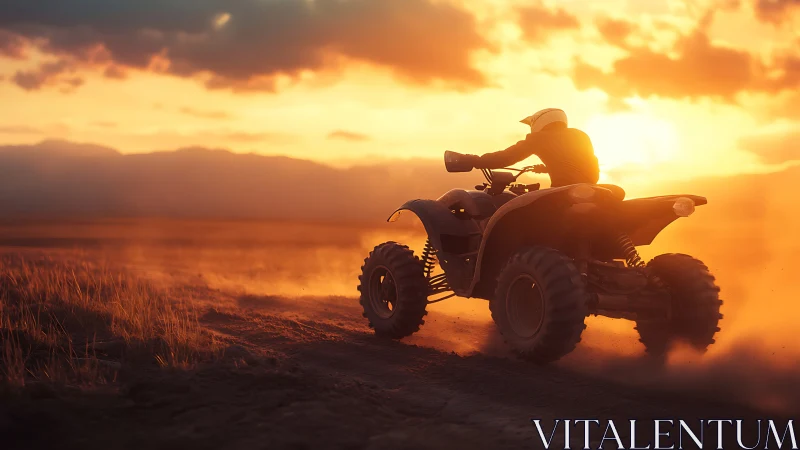 Quad bike rider cutting dust plumes at high speed at sunset.
