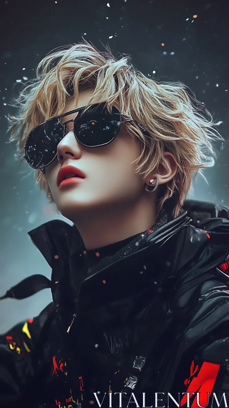 Stylish youth in mirrored sunglasses under falling embers.