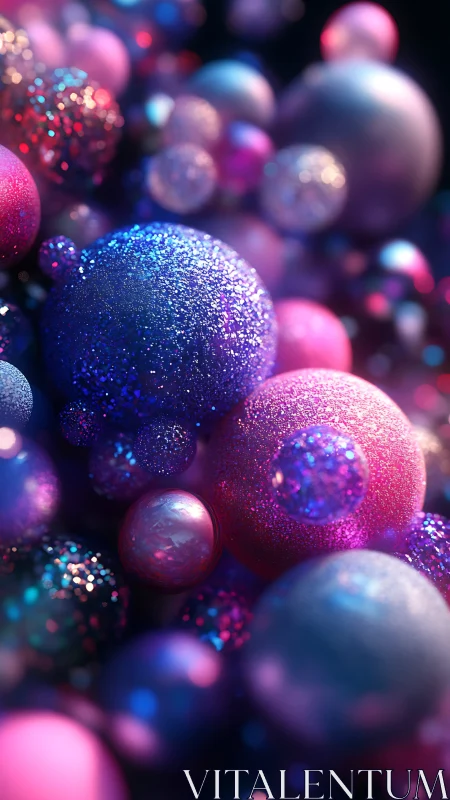 Iridescent glitter spheres cluster in saturated neon depth