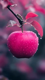 Pink apple hangs under dewdrops in soft blurred bokeh.