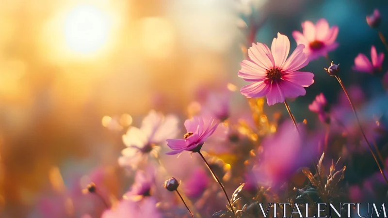 Pink cosmos flowers bloom in golden afternoon light.