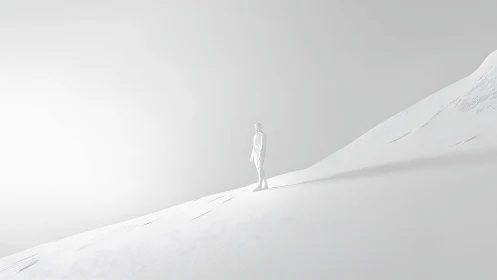 Minimalist 3D figure stands on monochrome sloping landscape