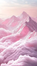 Cotton candy mountains rise through dense pink cloud valleys