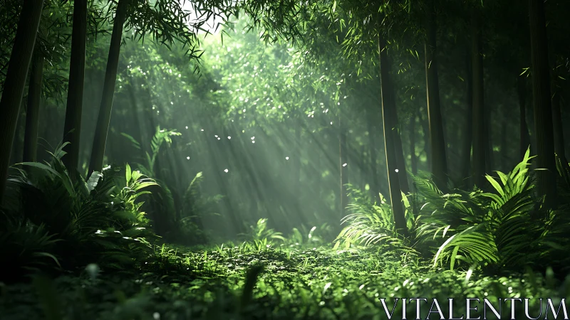 Volumetric Light Penetration Through Layered Bamboo Forest Canopy.
