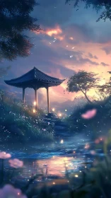 Twilight garden pavilion above glowing stream reflections.