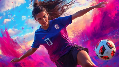 Female soccer player kicking ball amid vivid color clouds.