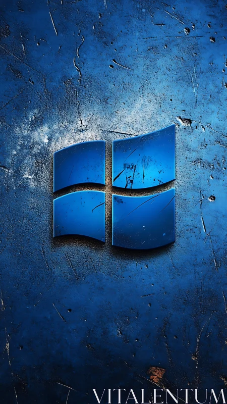 Textured metallic window emblem on distressed blue surface.