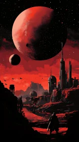 Crimson colony beneath looming twin moons and starfields.