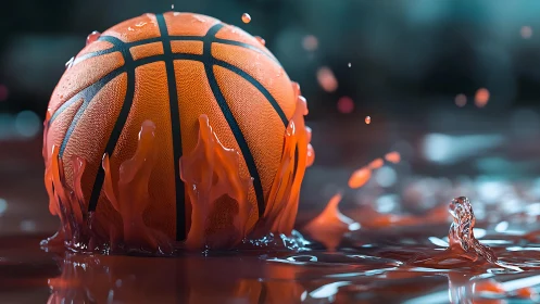 Molten-court basketball rising through splashes of liquid fire.