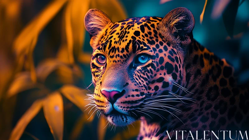 Leopard's Glare Pierces Through Neon Dreams and Amber Shadows