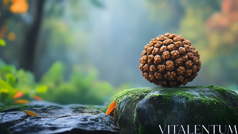 Rudraksha Seed on Mossy Rock in Serene Forest, Botanical Art.