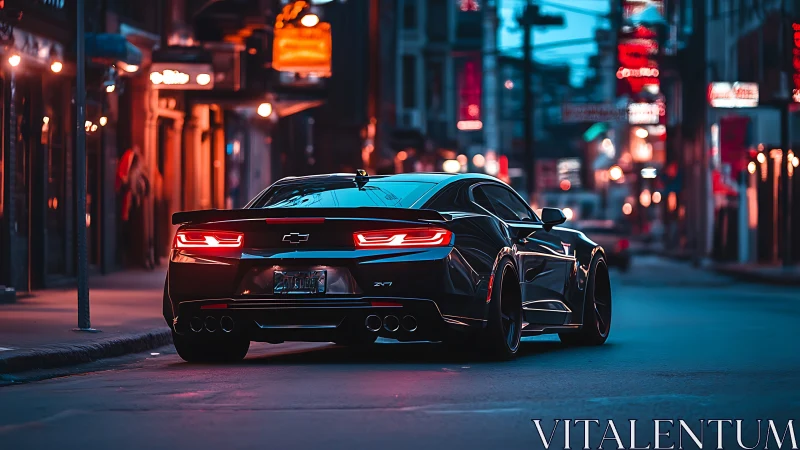 Black sports coupe under neon city lights at dusk.