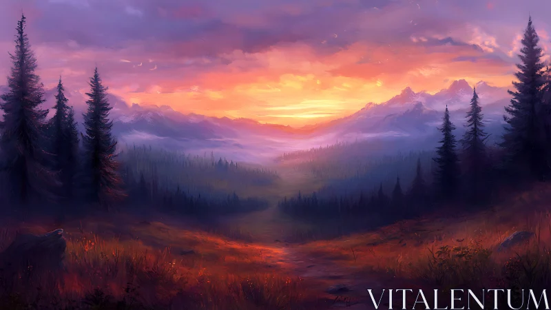 Sunset light spills across misty mountain valley pine forest