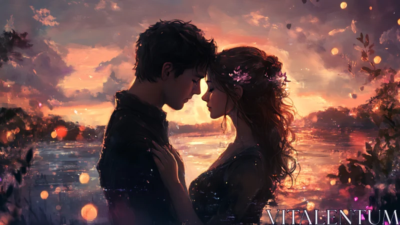 Two silhouettes share an intimate moment against a golden sunset