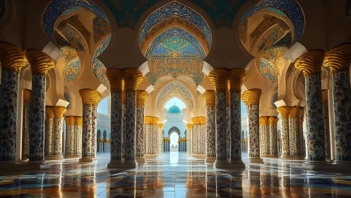 Sunlit mosaic pillars orchestrate a corridor of gilded arches