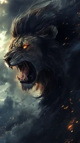 Volumetric storm lion with incandescent ocular flare roaring.