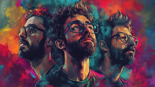 Intense triple portrait explores identity through neon color fields.