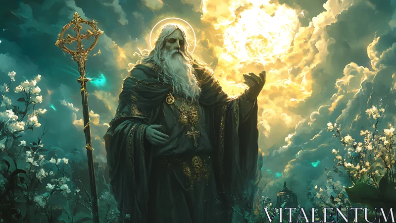Elder mage raises hand toward radiant sunlit storm clouds