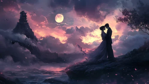 Luminous Embrace Beneath Full Moon: Romantic Silhouettes Against Fantastical Architecture