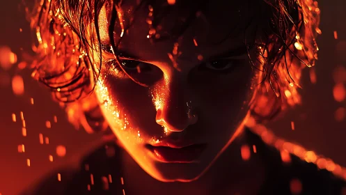 Photorealistic portrait in ember-lit low key dramatic lighting.