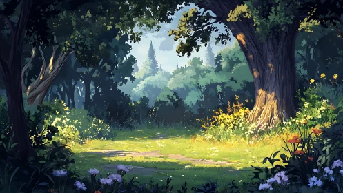 Forest Glade Illuminated by Golden Sunlight Through Ancient Trees.