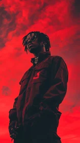 Bold figure stands confident beneath a vivid red sky