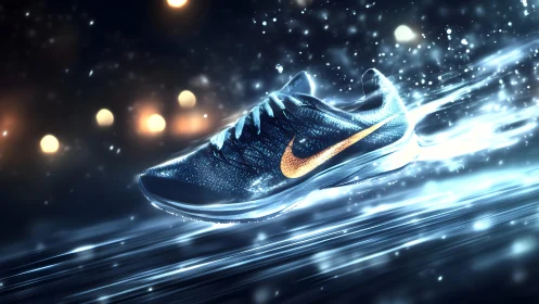 Dynamic sports sneaker in motion with glowing effects, digital art.