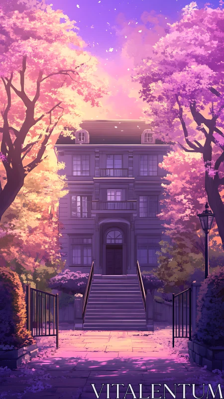 Multi-storey townhouse framed by flowering trees at dusk.