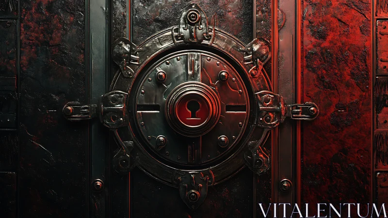 Mysterious red vault door with glowing keyhole invitation.