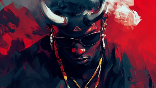 Horned neon silhouette in high-contrast digital inferno.