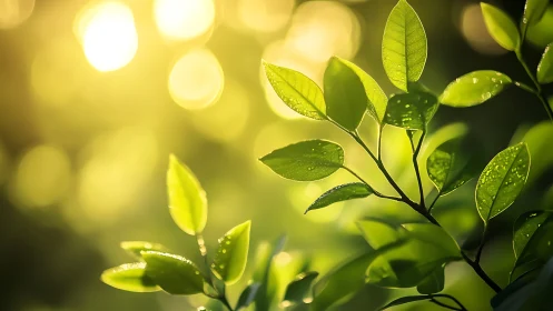 Vibrant green leaves in sunlight, nature macro photography style.