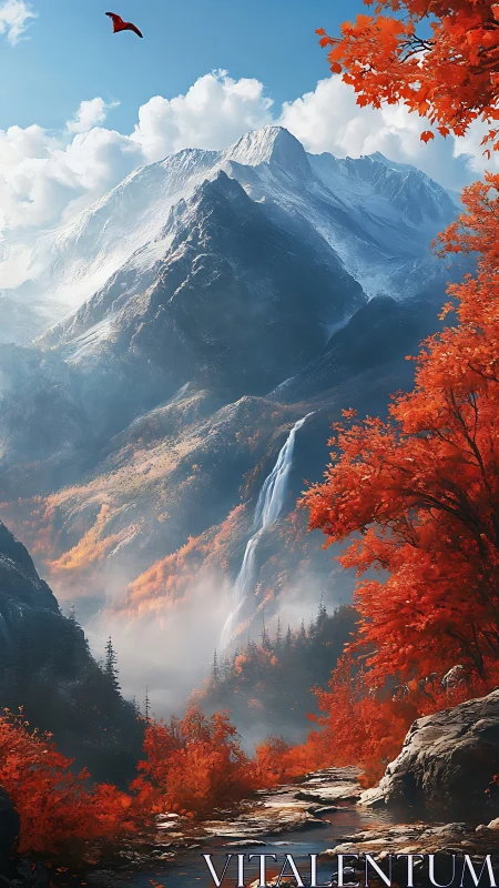 Crimson valley path beneath snowlit mountain waterfall.