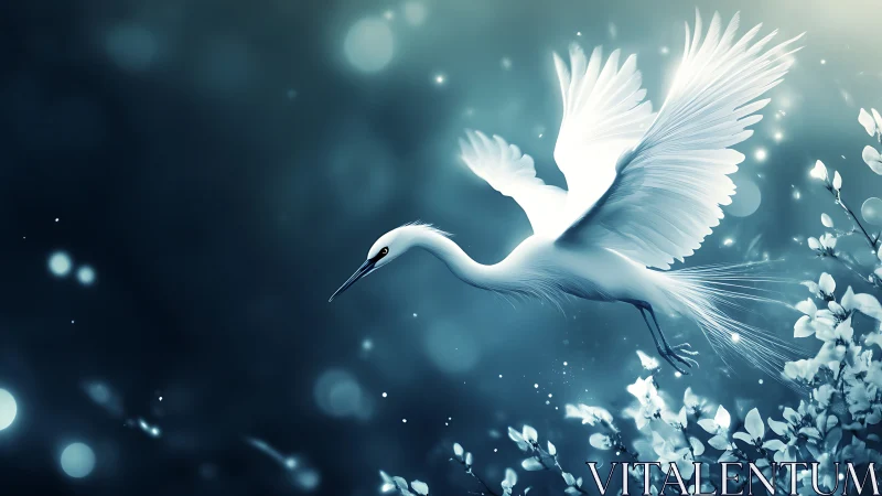 White heron in mid-flight over glowing abstract foliage