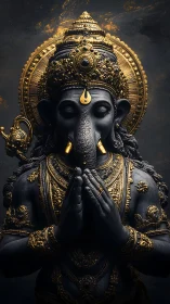 Ganesh idol glows with dark stone and molten gold detail.