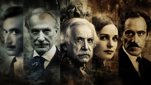 Portrait mosaic of intense vintage faces in muted tones.