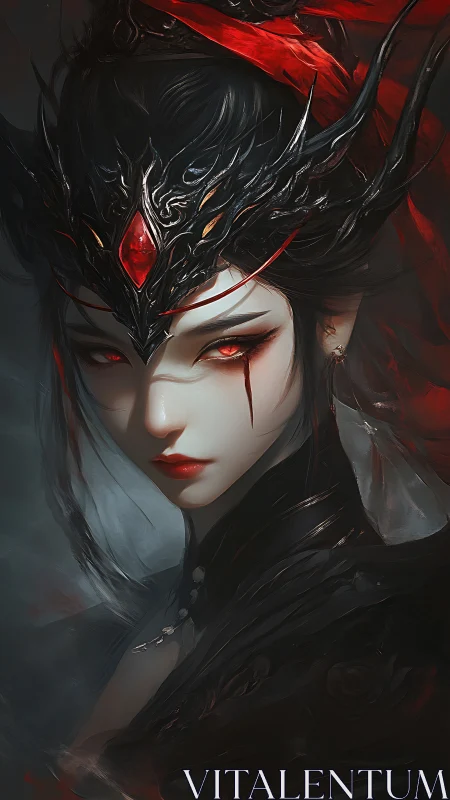 Dark robed female figure with ornate black crown and gem.