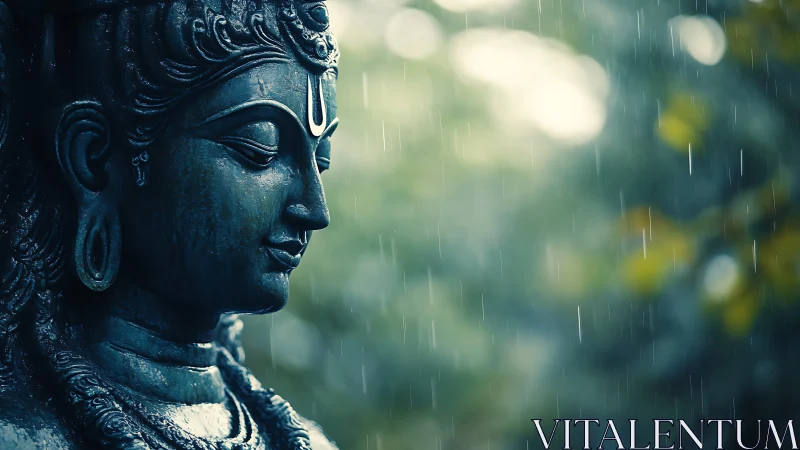 Serene deity sculpture in soft monsoon rain bokeh glow.