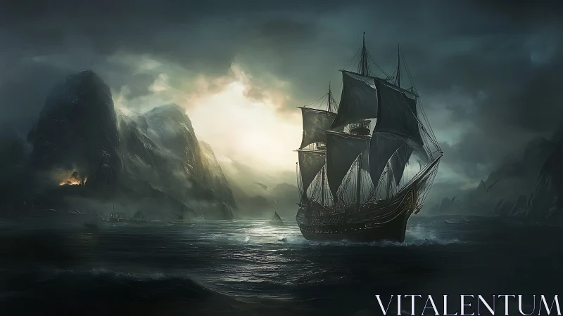 Storm-lit galleon advances through turbulent, cinematic seascape