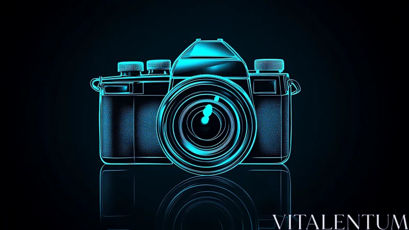 Neon line illustration of retro camera on reflective surface.