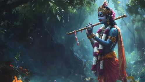 Blue-skinned figure with flute in dense forest setting.