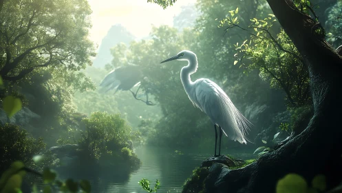 White heron stands in dense forest beside reflective river